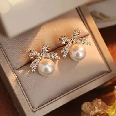 Rhinestone Bowknot Ball Design Pearl Earrings